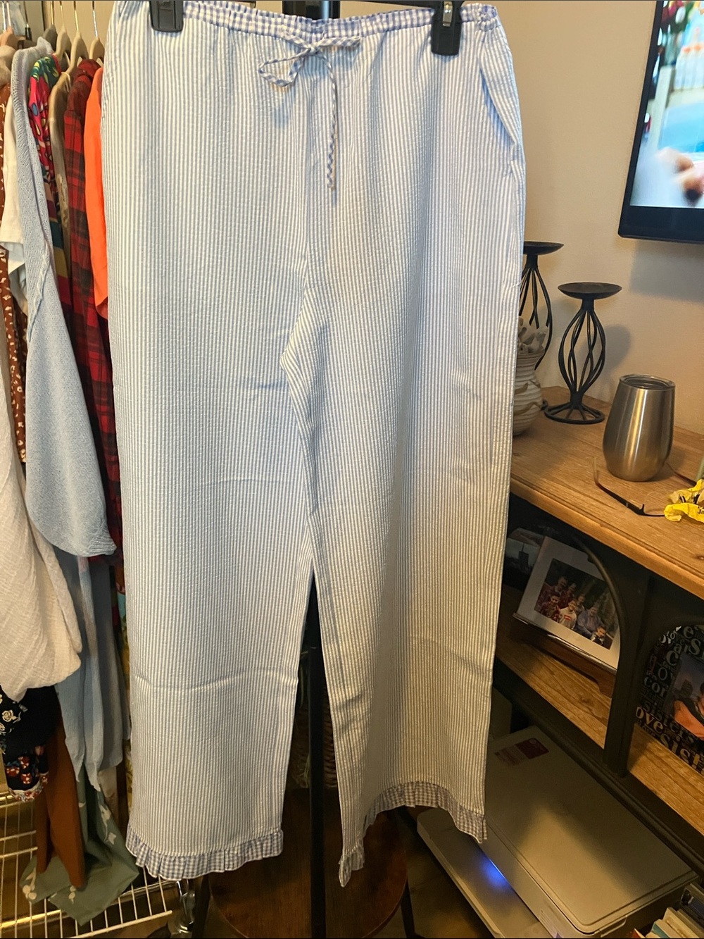Thread & Supply Light Blue & White Pinstripe Wide-Leg Drawstring Pants